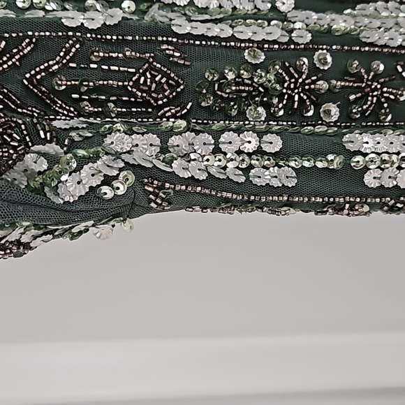 Mac DuggalHigh Neck Short Sleeve Crystal Fringe Column Dress - Picture 11 of 13